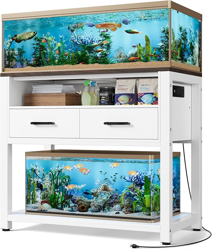 40-49 Gallon Fish Tank Stand with Two Storage Drawers, Heavy Duty Aquarium Stand with Waterproof Mat, Sturdy Metal Frame, 800 LBS Capacity Storage Cabinet, White-PawvioPets