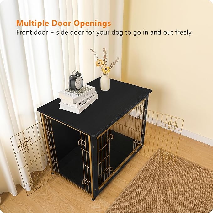 DWANTON Dog Crate Furniture with Cushion, Wooden Kennel Table with Double Doors, Indoor Dog House, Medium Size, 32.5" L, Black+Gold-PawvioPets