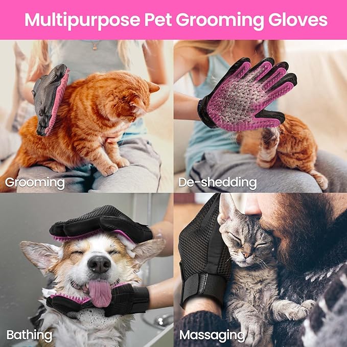 DELOMO Pet Grooming Gloves, Upgrade Version with Enhanced 255 Silicone Grooming Tips, Hair Remover Mittens for Dogs & Cats, Bath Brush, 1 Pair (Pink)-PawvioPets