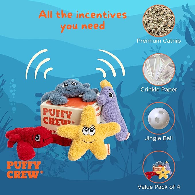 4 Pack Interactive Catnip Cat Plush Toy, Ocean Theme Set, 5'', for All Breed Size Cats (4 in 1)-PawvioPets