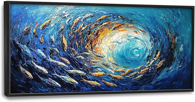 Extra Large Framed Abstract Ocean Fish Wall Art,Oversized Blue Sea Nautical Fish Wall Decor Pictures for Living Room,Canvas Print Painting Modern Artwork Bedroom Office Bathroom Home Decor 60L x30W-PawvioPets