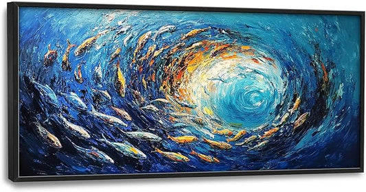 Extra Large Framed Abstract Ocean Fish Wall Art,Oversized Blue Sea Nautical Fish Wall Decor Pictures for Living Room,Canvas Print Painting Modern Artwork Bedroom Office Bathroom Home Decor 60L x30W-PawvioPets