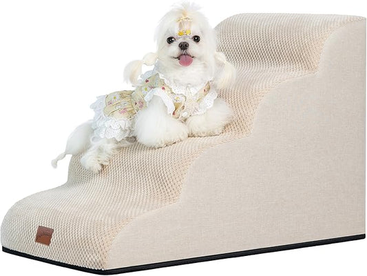 GoGoBunny Waterproof High Density Foam Curved Dog Stairs for High Beds Couches 19.7" H, 4-Step Ramp Dog Steps Friendly to Small Medium Dogs or Pets Joints, Non-Slip Balanced Durable Pet Step, Beige-PawvioPets