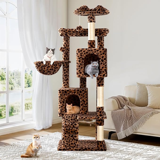 Allewie 64 Inches Cat Tree Tower/Multi-Level Activity Center for Indoor Big Felines/2 Plush Condos/2 Perchs/Basket/House/Sisal Scratching Posts/Hanging Cat Toys/Leopard Print-PawvioPets