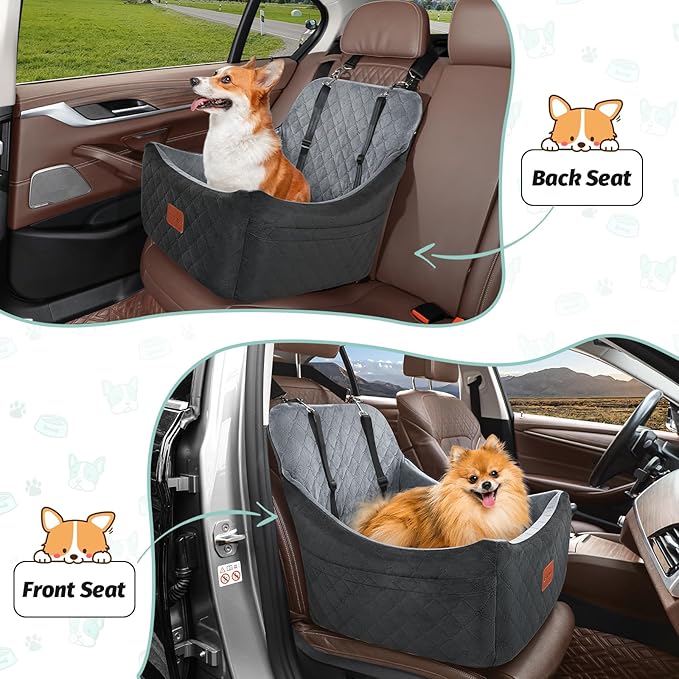 Dog Car Seat for Dogs Up to 35lbs,Fully Detachable and Washable,Memory Foam Covered Soft Fabric,Easy to Install with Adjustable Straps,Anti-Slip Bottom,Two Side Pockets(Black/Grey,Medium)-PawvioPets