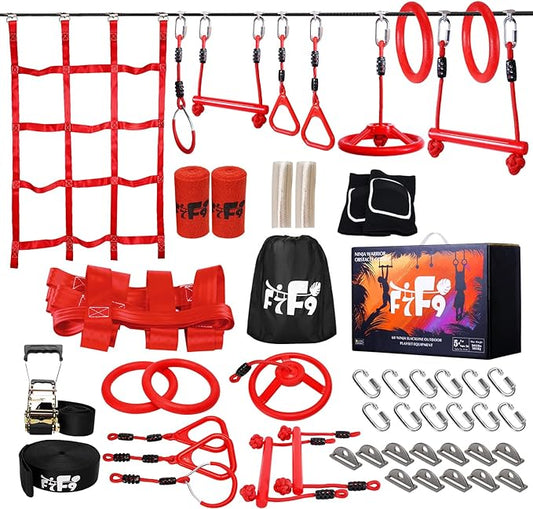 Ninja Warrior Obstacle Course for Kids Backyard with A Pair of Knee Pads, 60’ Ninja Slackline and Slackline Protective Tube with Unique Obstacles Climbing Net, Ninja Wheel, Monkey Bars, Gym Rings-PawvioPets