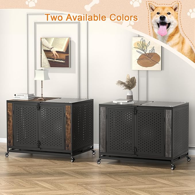 42" Heavy Duty Dog Crate Furniture for Large and Medium Dogs, Enclosed Design with 0.5 inch Holes, Indestructible Metal Kennel for High Anxiety Dogs, Chew Proof Pet House Cage Indoor, Brown-PawvioPets