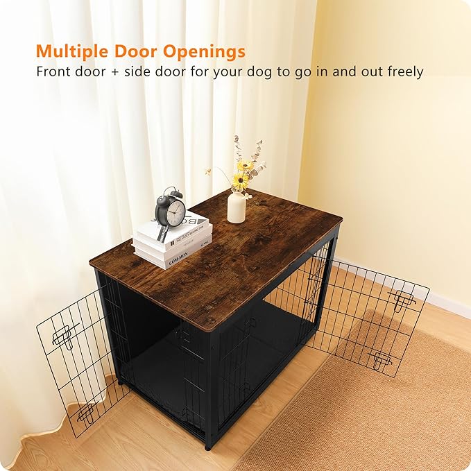 DWANTON Dog Crate Furniture with Cushion, Wooden Kennel Table with Double Doors, Indoor Dog House, Large Size, 38.5" L, Black+Rustic Brown-PawvioPets