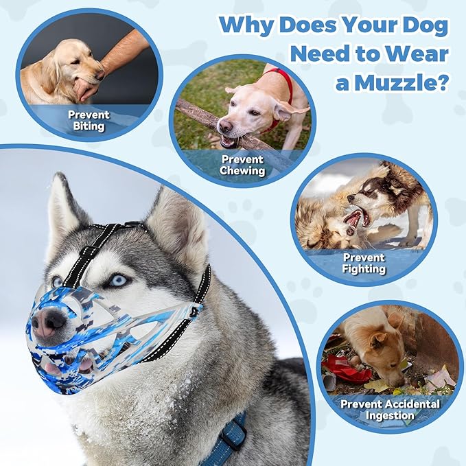 Dog Muzzle for Large Dogs, Breathable Basket Muzzles for Small, Medium and X-Large Aggressive Dog, Allows Panting Drinking, Suitable for Grooming Trimming Training (Camouflage Blue, S)-PawvioPets