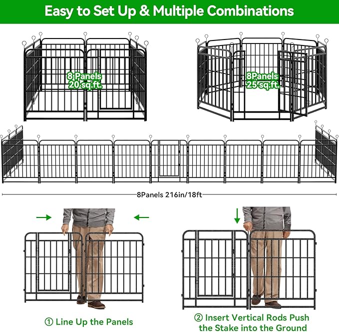 Dog Playpen Outdoor 8 Panels Heavy Duty Dog Fence 32" Height with Thick Pipe Anti-Rust with Doors Portable for RV Camping Yard, Total 18FT, 25 Sq.ft, Snowy Black-PawvioPets