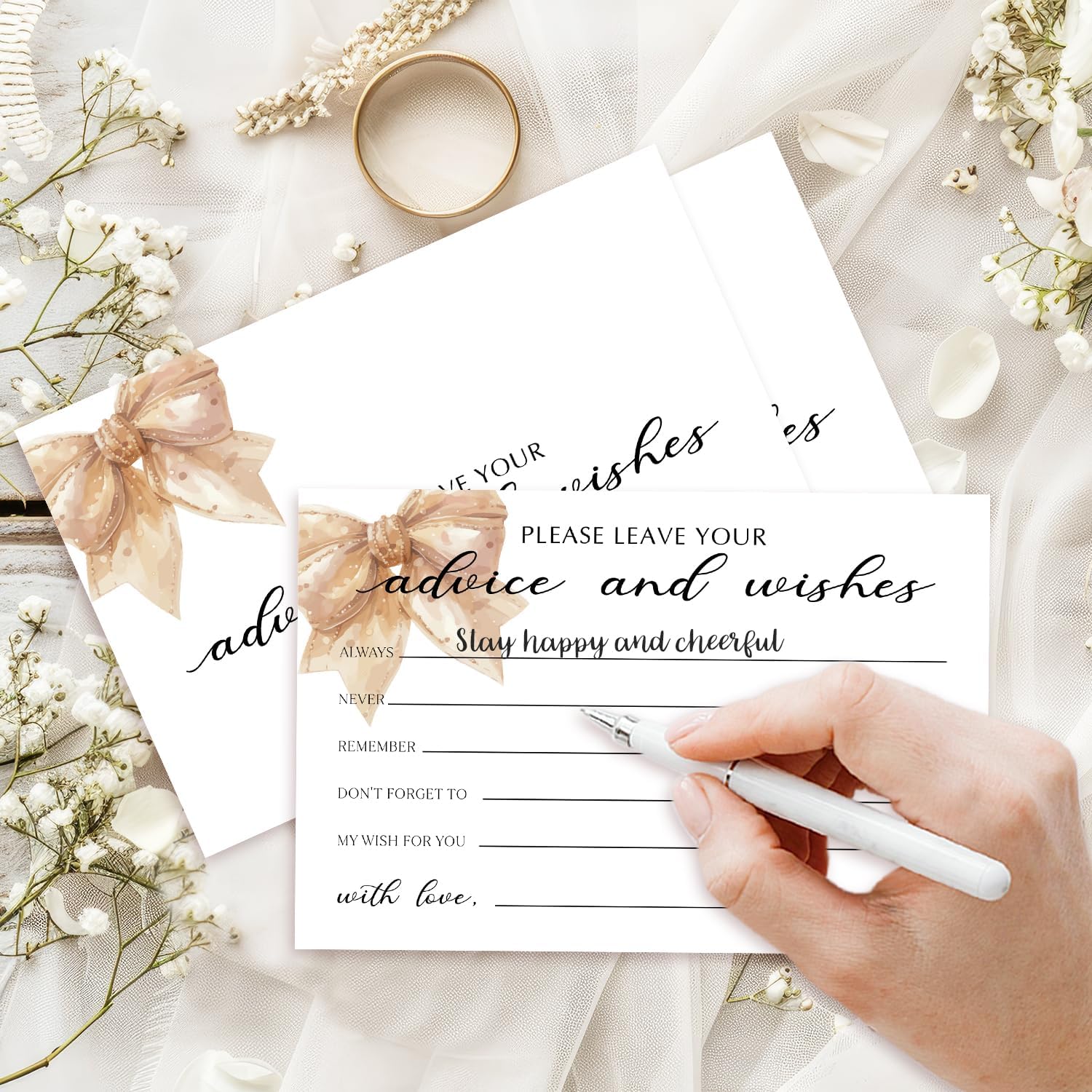 25 Advice and Wishes Cards, Bow Fill-In Advice Cards for Bridal Shower Wedding Birthday Party Baby Shower Graduation Party, Well Wishes Card for Mr & Mrs Adults, Party Supplies -04