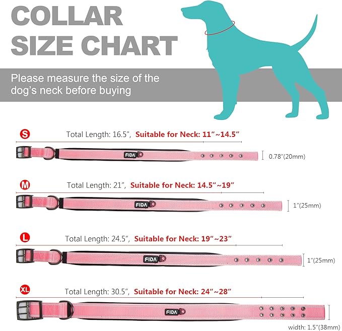 Fida Heavy Duty Dog Collar, Ultra Comfortable Soft Neoprene Padded, Adjustable Reflective Nylon Pet Collar with Durable Metal Belt Buckle for Small Breeds (S, Pink)-PawvioPets