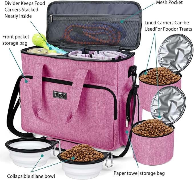 BAGLHER Dog Travel Bag, Pet Travel Bag (ALL Pet Travel Supplies), With 2 Pet Food Containers and 2 Collapsible Silicone Bowls; Essential Kits for Pet Travel Pink-PawvioPets