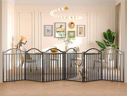 BHG Metal No-Assembly Freestanding Dog Gate with Door Walk Through, Extra Wide 144", Extra Tall 32" Pet Gate, Accordion Puppy Folding Playpen Dog Fence for Indoor & Outdoor, with 2PCS Support - Black-PawvioPets