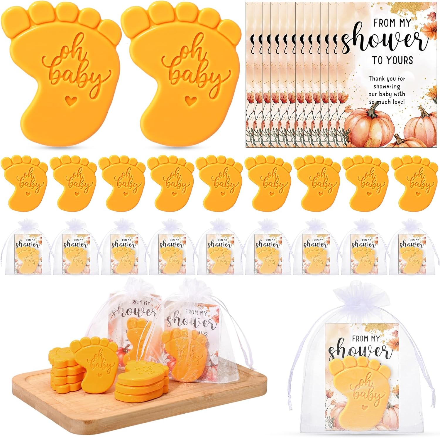 50 Sets Baby Shower Soap Favors for Guests - Mini Handmade Footprint Scented Soap with Thank You Cards and Organza Bag, Party Gifts for Gender Reveal Baptism Shower(Pumpkin Orange)
