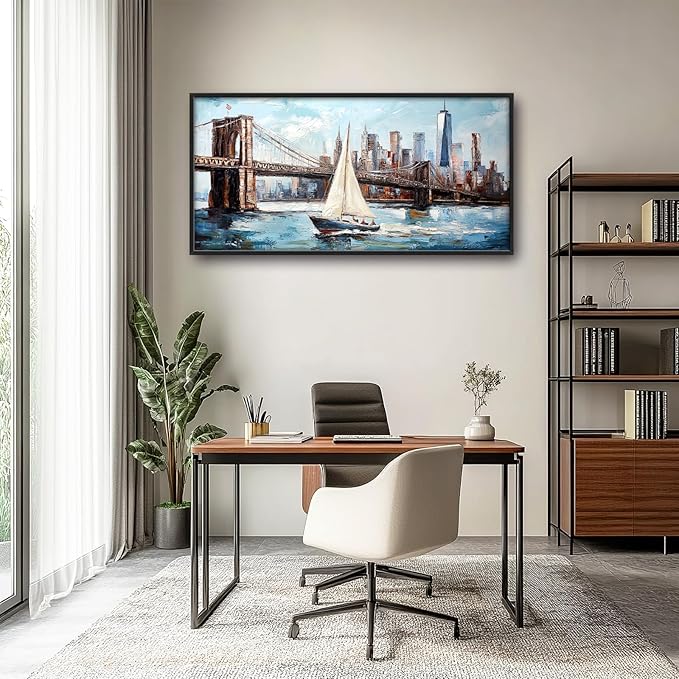 Extra Large Sailboat Framed Wall Art for Living Room,Oversized New York Brooklyn Bridge Pictures Wall Decor,Cityscape Canvas Print Painting Modern Artwork Bedroom Office Bathroom 60L" x 30W"-PawvioPets