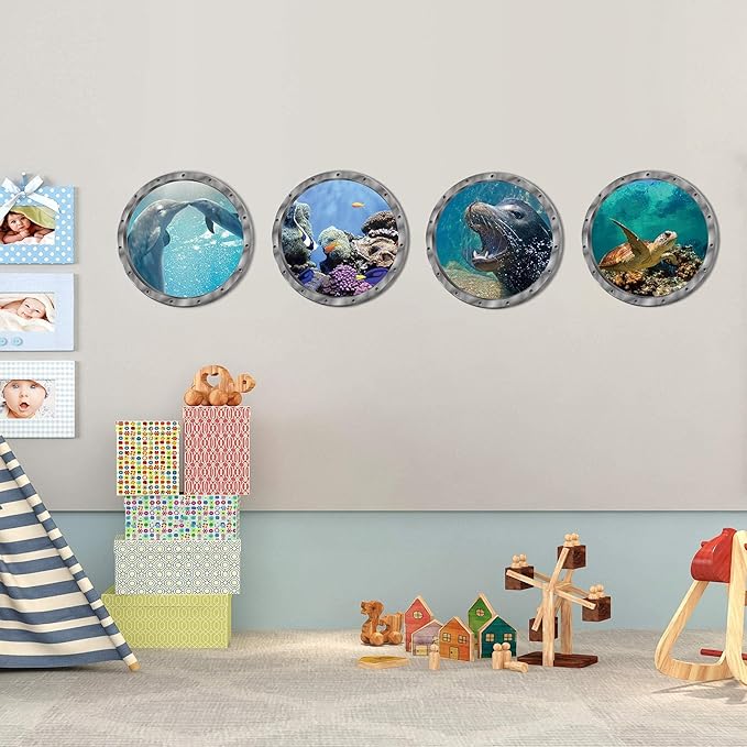 4 PCS Removable 3D Under The Sea Nature Scenery Wall Decals - Animals Wall Sticker Home Wall Art Decor for Bathroom Bedroom Door Kids Baby Nursery Room - Includes Turtles, Dolphins, Sea Lions, Coral-PawvioPets