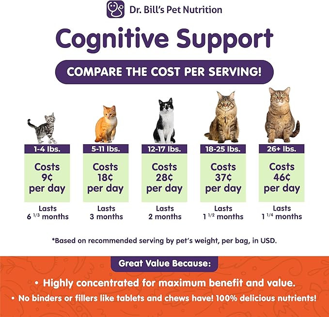Dr. Bill's Feline Cognitive Support | Memory Support Supplement for Cats | Pet Supplement | Contains Gingko Biloba, L-Carnosine, Vitamin B-12, L-Glutamine, L-Tyrosine, and DHA-PawvioPets