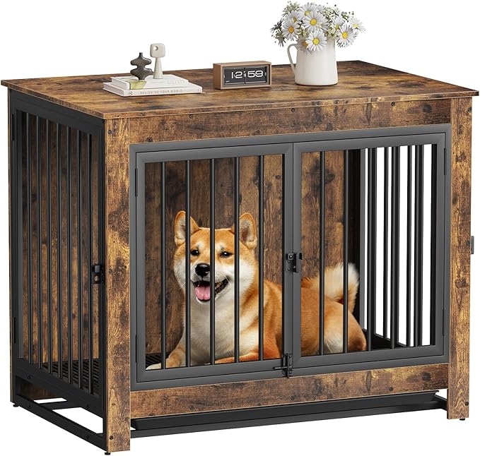 Dog Crate Furniture, Dog Crate End Table for Medium and Large Dogs,Wooden Cage Kennel Furniture Indoor, Modern Dog Crate with Multi-Purpose Removable Tray, Double-Doors Dog Furniture-PawvioPets