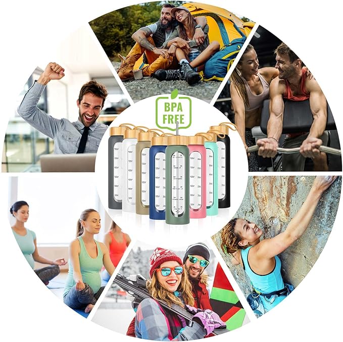 32 oz Glass Water Bottle with Straw - Motivational Time Marker & Silicone Sleeve - Reusable Tumbler Includes 2 Bamboo Lids & Fruit Infuser - 1 Pack-PawvioPets