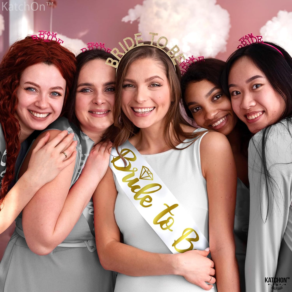 KatchOn, Gold Bride To Be Sash and Headband - Pack of 2 | Bachelorette Sash and Crown for Gold Bachelorette Party Decorations | Bride sash for Bridal Shower Decorations