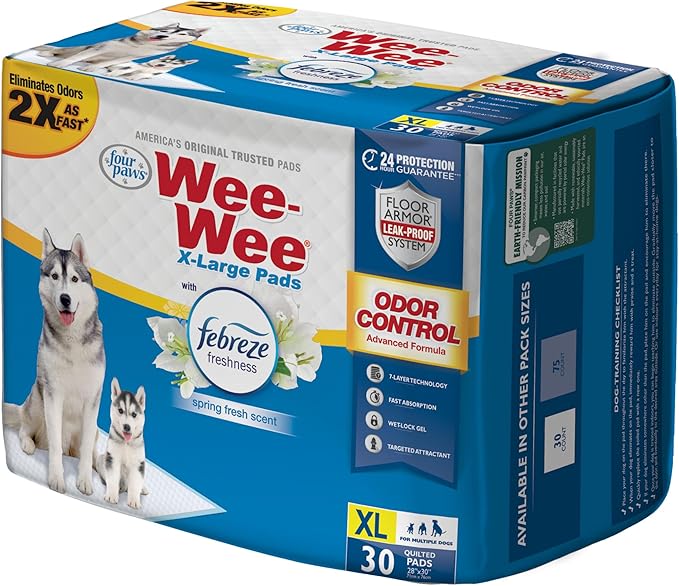 Four Paws Wee-Wee Odor Control with Febreze Freshness Pee Pads for Dogs & Puppies, Leak-Proof Dog Housebreaking Potty Training Floor Protection, Spring Fresh Scent, 28" x 30", 30 Count-PawvioPets