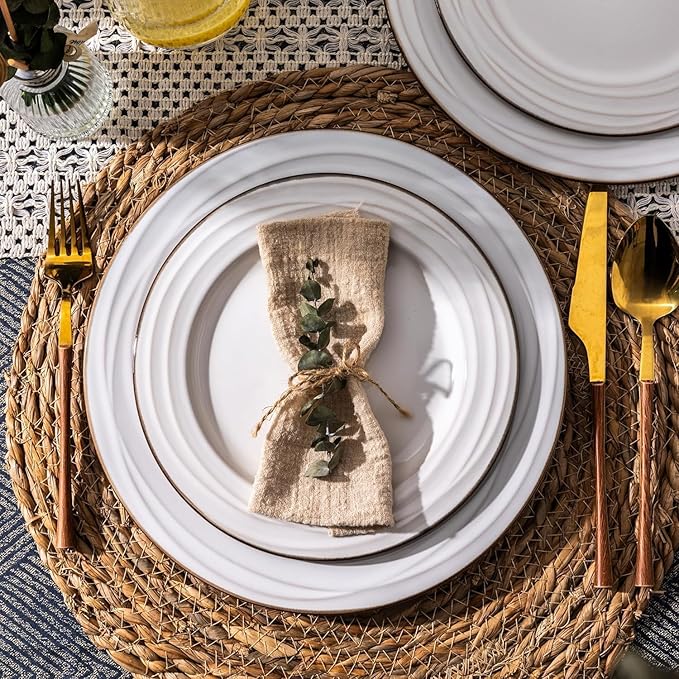 GBHOME Ceramic Dinnerware Sets, 24 pcs Embossed Elegant Stoneware Plates and Bowls Sets, Housewarming Wedding Gift | Dishwasher & Microwave Safe | Dishes Set Service for 8-PawvioPets