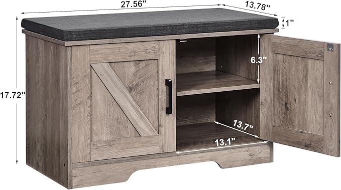 2-Tier Storage Bench, Shoe Bench with Padded Seat Cushion, Entryway Bench with 2 Barn Doors, Adjustable Shelf, 13.8" D x 27.6" W x 17.7" H, for Entryway, Living Room, Bedroom, Greige-PawvioPets