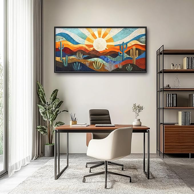 Extra Large Framed Abstract Boho Desert Wall Art, Sun Cactus Landscape Wall Decor Pictures for Living Room,Cacti Canvas Print Painting Modern Artwork Bedroom Office Bathroom Home Decor 60L x 30W-PawvioPets