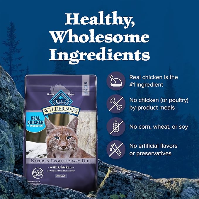 Blue Buffalo Wilderness Natural Adult Dry Cat Food, High-Protein and Grain-Free Diet, Supports Healthy Muscle Development and a Healthy Immune System, Chicken, 12-lb. Bag-PawvioPets