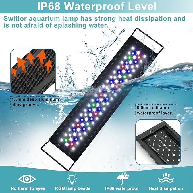24/7 LED Aquarium Light, IP68 Waterproof Extendable Bracket Fish Tank Light with Timer, 7 Colors, 10 Level Adjustable Brightness, DIY Mode Full Spectrum Aquarium Plant Light for 48-54 Inch Fish Tank-PawvioPets