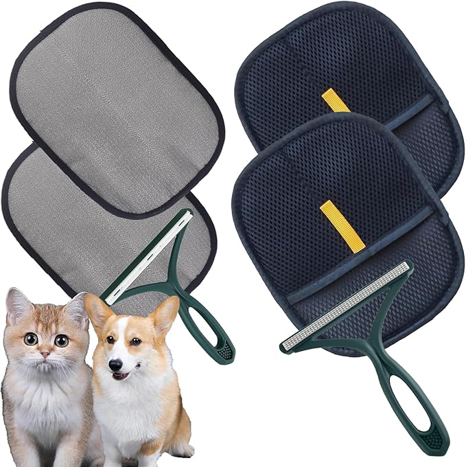 2-Pack Pet Hair Removal Gloves with A Hair/Lint Removal Tool – Remove Cat/Dog Fur from Clothing, Furniture, Car Seats, Bedding & Carpet – Reusable & Washable Lint Hair Remover for Pet Owners-PawvioPets