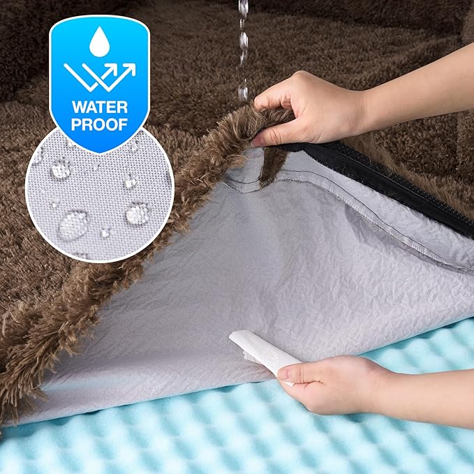 EHEYCIGA Foldable XXL Dog Bed, Faux Fur Fluffy Pet Couch Bed for Extra Large Dogs, Orthopedic Calming Memory Foam Big Pet Bed, Washable Soft Pet Sofa Bed with Non-Slip Bottom, Brown, 54"x38"x7.5"-PawvioPets