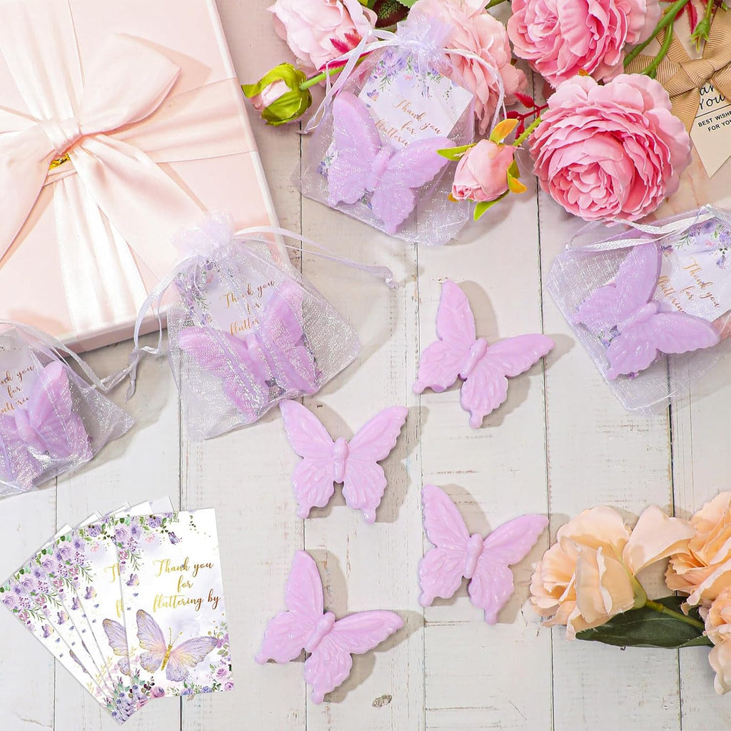 Dunzy 100 Set Butterfly Theme Baby Shower Favors for Guests Butterfly Soap Favors with Thanks You Cards Gift Bags Gender Reveal Baptism Party Decorations Wedding Bridal Souvenirs (Purple)