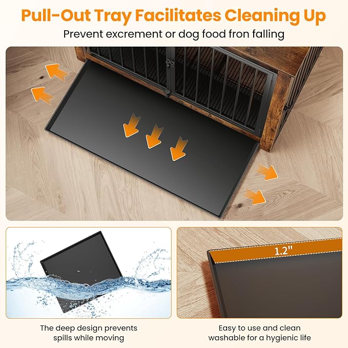 Dog Crate Furniture, Large Dog Crate Furniture, Wooden Cage Kennel Furniture Indoor, Modern Dog Crate with Multi-Purpose Removable Tray, Double-Doors Dog Furniture, Rustic Brown-PawvioPets