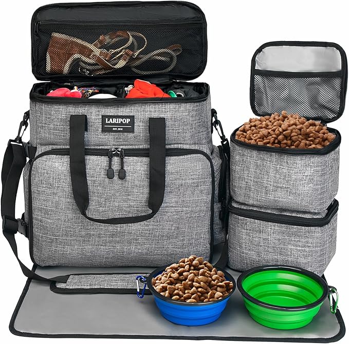 Dog Travel Bag,Weekend Pet Travel Bag Set for Dog and Cat,Airline Approved Tote Multi-Function Dog Bags for Traveling,Include 2 Collapsible Bowls,2 Food Storage Containers,1 Feeding Mat,Gray-PawvioPets