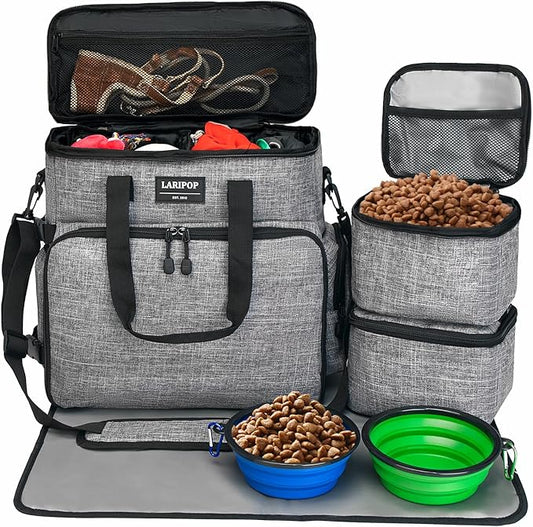 Dog Travel Bag,Weekend Pet Travel Bag Set for Dog and Cat,Airline Approved Tote Multi-Function Dog Bags for Traveling,Include 2 Collapsible Bowls,2 Food Storage Containers,1 Feeding Mat,Gray-PawvioPets