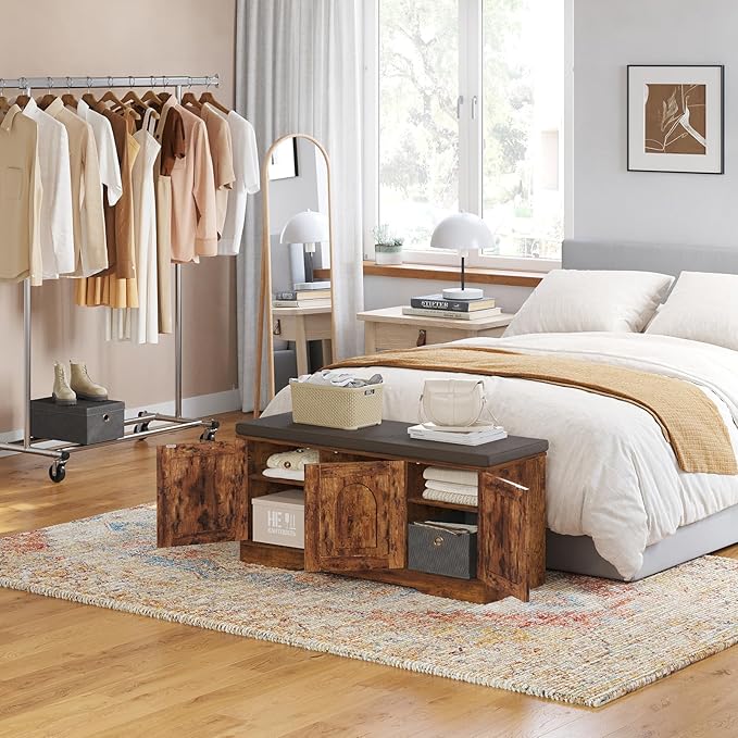 DINZI LVJ Shoe Bench, Entryway Storage Bench with Doors, Cushion, 2-Tier Shoe Rack with 6-Cubby, 39.4”L x 13.8”W Shoe Organizer Cabinet, Adjustable Shelf, Living Room, Bedroom, Rustic Brown-PawvioPets