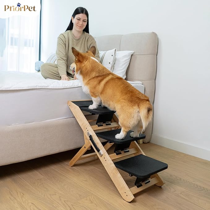 Dog Steps for Bed & Couch 2-in-1 Dog Stairs/Ramp - Height Adjustable Dog Ramp for Couch 7” - 20” - Pet Stairs, Dog Stairs for Small Dogs - Easy to Move Pet Steps with Landing Platform, Natural-PawvioPets