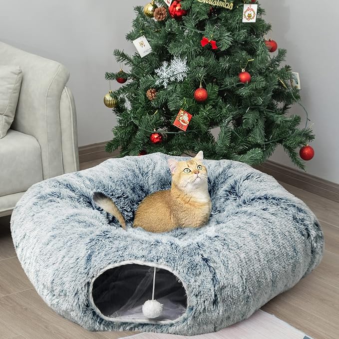 AUOON Cat Tunnel Bed - Cat Donut Tunnel with Soft Plush Circle Cushion for Indoor Cats Kitten Kitty Puppy Rabbit Ferret (Gray)-PawvioPets