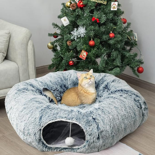 AUOON Cat Tunnel Bed - Cat Donut Tunnel with Soft Plush Circle Cushion for Indoor Cats Kitten Kitty Puppy Rabbit Ferret (Gray)-PawvioPets