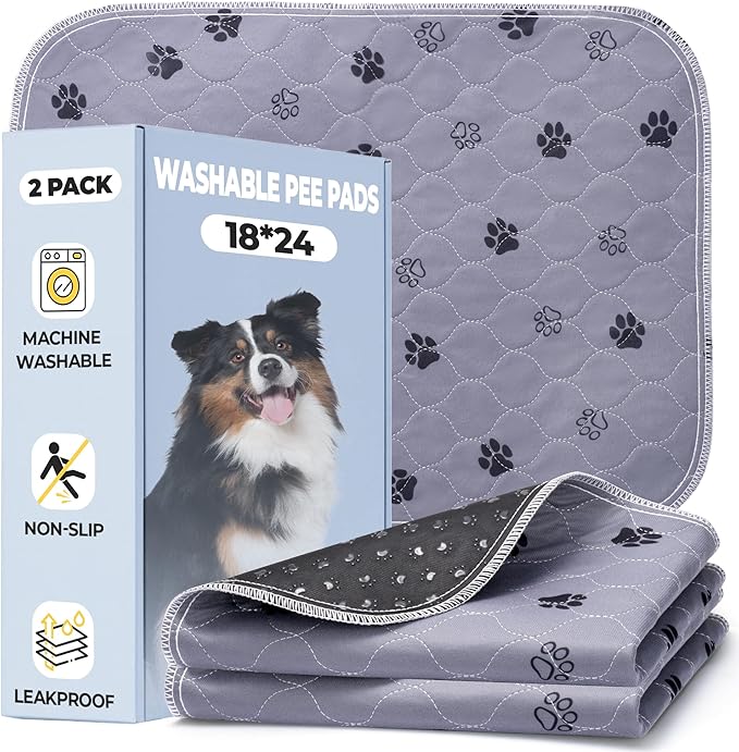 Fostanfly Reusable Puppy Pads, 2 Pack 18"x 24" Washable Pee Pads for Dogs, Absorbent and Leakproof Wee Wee Mat, Waterproof Non Slip Training Mats for Potty, Crate, Playpen, Bed, Sofa-PawvioPets
