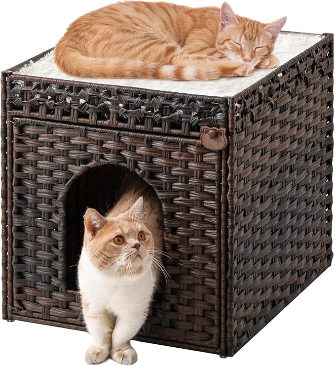 Cat Beds for Indoor Cats Extra Large Double Cat Cave Pet Cube, Handwoven Rattan Cat Houses with Double-Sided Soft Cushions, 18.5 x 20.5 x 19.1 Inches Foldable Hideaway in Living Room Brown-PawvioPets