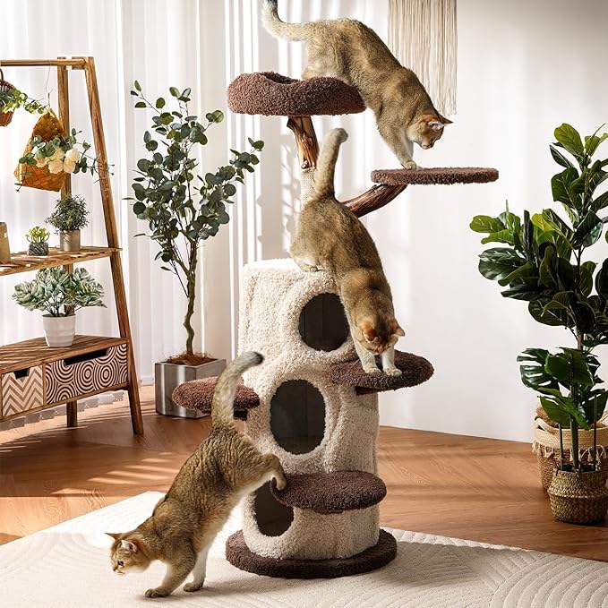 54.7'' Tall Modern Wood Cat Tree with 3 Level House, Luxury Cat Tower for Home Decoration, Large Cat Condo for Multi-Cat Families-PawvioPets