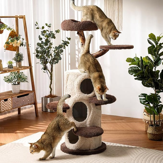54.7'' Tall Modern Wood Cat Tree with 3 Level House, Luxury Cat Tower for Home Decoration, Large Cat Condo for Multi-Cat Families-PawvioPets