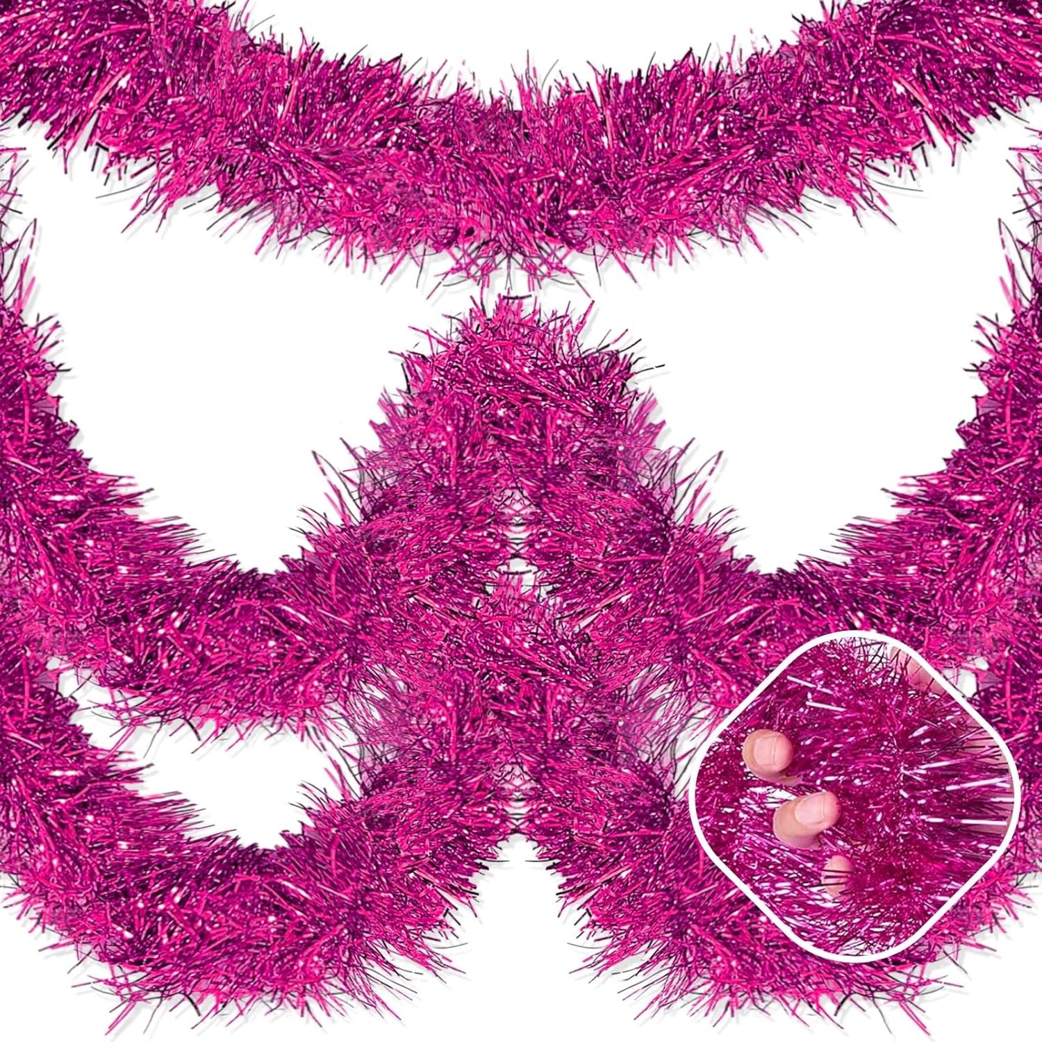 25 Feet Fuchsia Christmas Tinsel Garland, Metallic Foil Twist Garland Wall Hanging Tinsel Banner Backdrop for Parade Floats, Easter, Mother's Day, Birthday Party Decorations (4in x 25ft)