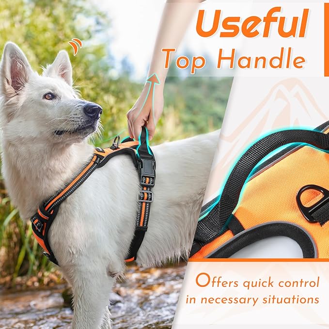Eagloo Dog Harness Medium Sized Dog, No Pull Service Vest with Reflective Strips and Control Handle, Adjustable and Comfortable for Walking, No Choke Pet Harness with 2 Metal Rings, Orange, M-PawvioPets