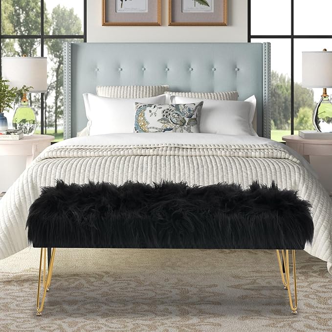 42.5 Inch Black Bedroom Bench, Benches for Bedroom White Faux Fur Upholstered Bed end Bench, Tufting Ottoman Bench Indoor Bench with Metal Legs for Living Room Bedroom Entryway, Black-PawvioPets