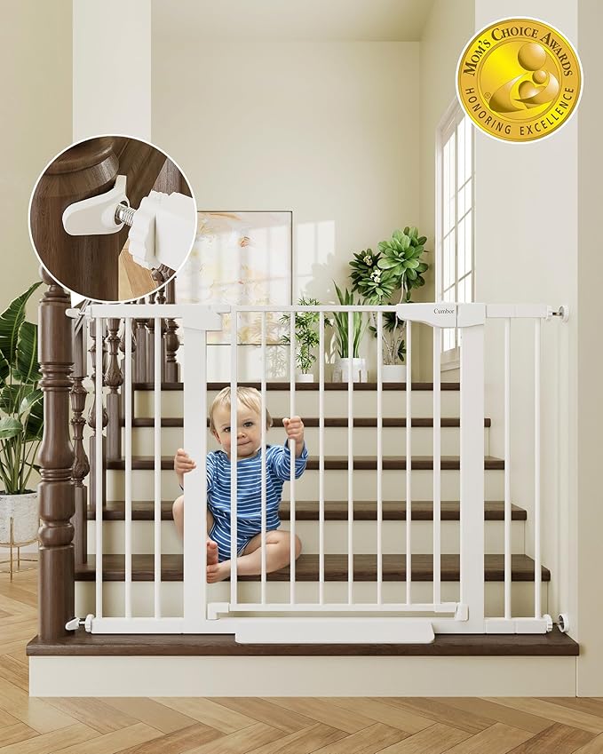 Cumbor 29.7-46" Baby Gate for Stairs, Toddler Safety Essentials for The House, Auto Close Dog Gate for Doorways, Mom's Choice Awards Winner-Easy Install Pressure Mounted Pet Gates for Dogs, White-PawvioPets