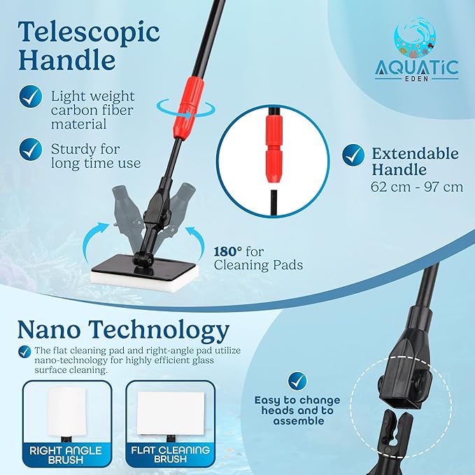 Aquarium Cleaning Tools 7 in 1 - Fish Tank Cleaning Kit with Algae Scraper, Scrubber Pad, Adjustable Telescopic Long Handle, Fish Net, Gravel Rake, Fork & Brush - Saltwater & Freshwater Tank-PawvioPets